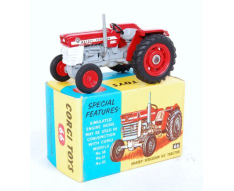 A Corgi Toys No. 66 Massey Ferguson 165 tractor, comprising red, grey &amp; white body with red diecast front hubs and rear p