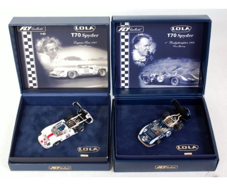 A Fly Car Models 1/43 scale boxed Lola T70 Spider diecast group, two examples to include Dan Gurney 1st Place Bridgehampton 1