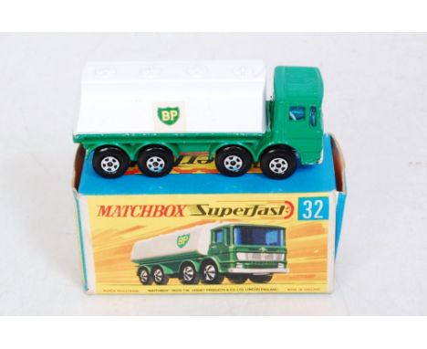 A Matchbox No. 32 Leyland Petrol tanker, comprising of green cab and chassis with chrome grille and chrome base plate, white 