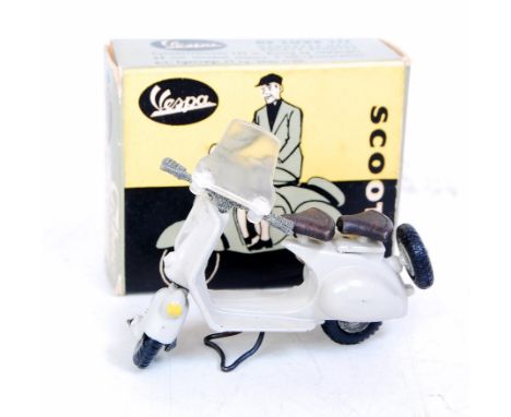 A Tekno No. 442 Vespa Scooter, comprising pale grey body with bare metal components and two seats, with original stand, in th