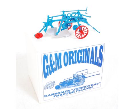 A G&amp;M Originals 1/32 scale white metal and resin model of a Ransoms Jumbo track tractor plough, finished in blue with red