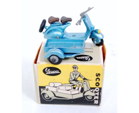 A Tekno No. 444 Vespa Scooter, and side car delivery trailer comprising metallic blue body with bare metal components, two se