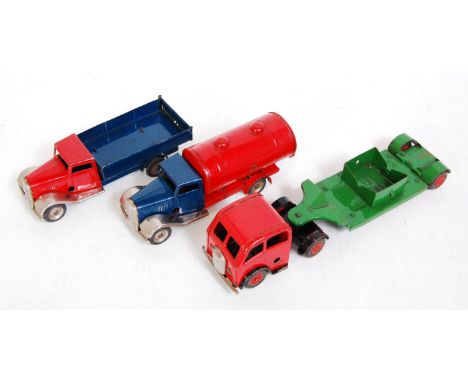 Three various loose Triang Minic tinplate and clockwork commercial vehicles to include petrol tanker, articulated low loader 