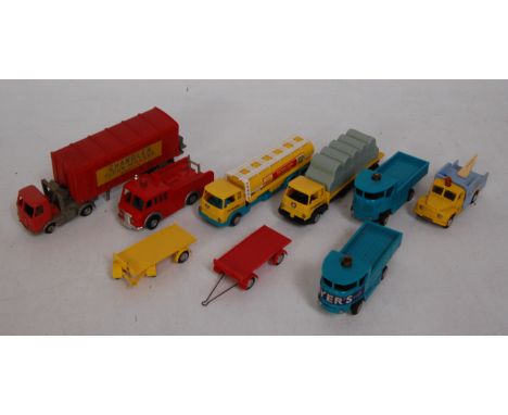 9 various loose Triang Minic Motorways commercial vehicles, examples to include Ayers Coke lorry, Kent Fire Brigade fire engi