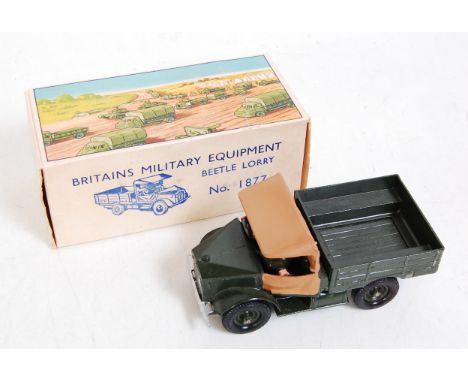 A Britains No. 1877 Military Beetle Lorry comprising green body with tan cab and doors, silver detailed bumper with driver fi