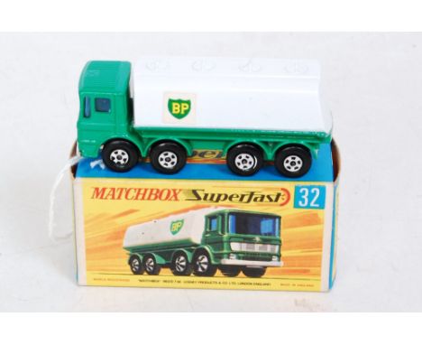 A Matchbox Superfast No. 32 Leyland Petrol Tanker comprising green cab and chassis, with chrome grille and base plate, white 