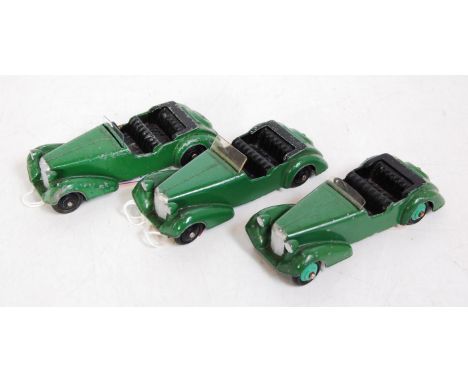 Dinky 38D Alvis, 3 models with light playwear, 2 models green with black hubs, the other dark green, black seats and mid gree
