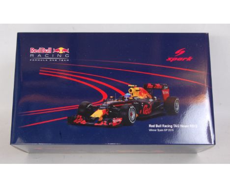 A Spark Models 1/18 scale model of a Red Bull Racing Tag Heuer RB12 F1 car, winner Spanish Grand Prix 2016, Max Verstappen, m