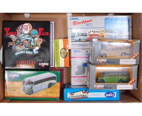 Ten various boxed Corgi modern release public transport diecasts to include a Grey-Green AEC Regal, the York Fair limited edi