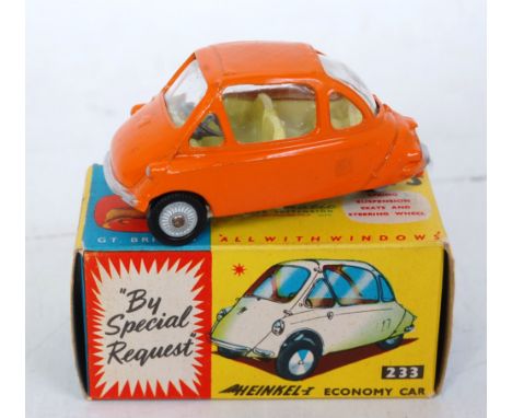 A Corgi Toys No. 233 Heinkel Economy Car comprising orange body with lemon interior and detailed cast hubs, in the original b