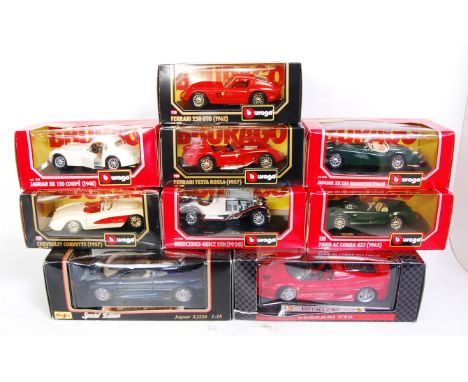 9 various boxed 1/18 and 1/24 scale Bburago and Maisto diecast vehicles to include a Jaguar XK120 Coupe, 1962 Ferrari GTO250 