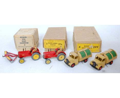 Three various Dinky Toy trade boxes to include No. 27H disc harrow containing one example in good condition, together with a 