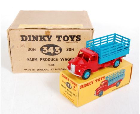 A Dinky Toys trade box No. 30N/343 farm produce wagon, containing one original boxed example with red cab and chassis, blue h