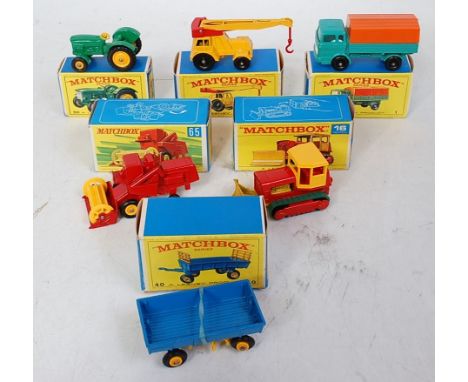 Six various boxed Matchbox 1/75 series diecasts, all in original boxes, examples to include No. 40 hay trailer, No. 11 jumbo 