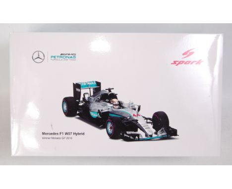 A Spark Models 1/18 scale model of a Mercedes F1 00W07 Hybrid F1 car, Lewis Hamilton, winner Monaco Grand Prix 2016, in the o