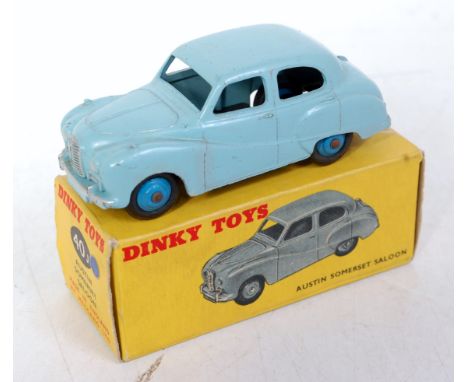 A Dinky Toys No. 40J Austin Somerset saloon comprising light blue body with mid blue hubs, in the original colour spot all-ca