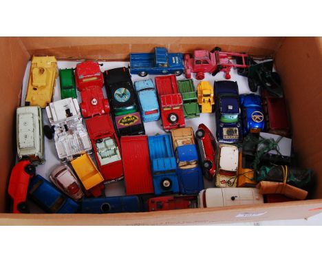 One tray containing a quantity of playworn Corgi toys and Dinky toys, examples to include a Green Hornets Black Beauty, Man f