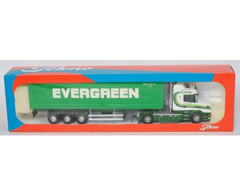 A Tekno 1/50 scale model of a Scania 114 T cab with evergreen (Patrick vd Hoeven) container load, sold in the original polyst