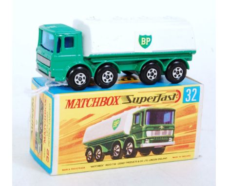 A Matchbox Superfast No. 32 Leyland petrol tanker comprising of green cab and chassis, with white back and central BP sticker