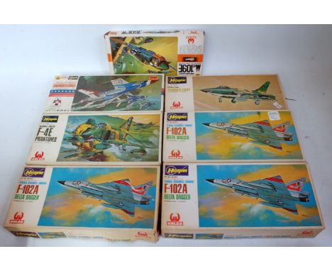 Seven various boxed Hasegawa 1/72 scale plastic aircraft kits, all appear as issued to include a Thunderbird Thunderchief, F1