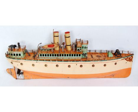 Bing (GBN) First Series clockwork ocean liner 'Britannia' 21.5 inches long, 1902-1909, hand enamelled tinplate, fine detail i