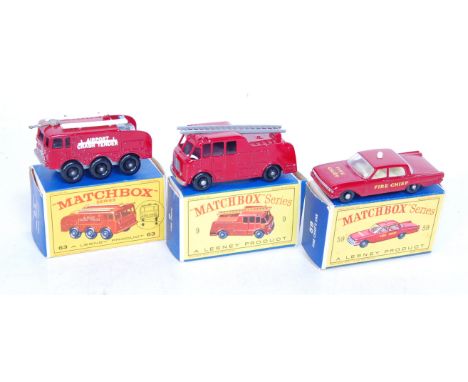 A Matchbox 1/75 series boxed Emergency Services diecast group to include No. 59 fire chief's car, comprising red body with bl