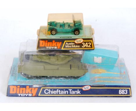 A Dinky Toys bubble packed diecast group to include No. 683 Chieftain tank and No. 342 Austin Mini Moke, both appear as issue