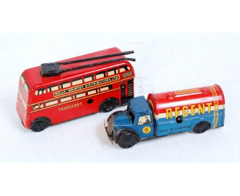 Two Wells of London and Brimtoy tin plate and clockwork vehicles to include a Wells Regent tanker, and a Brimtoy London Trans