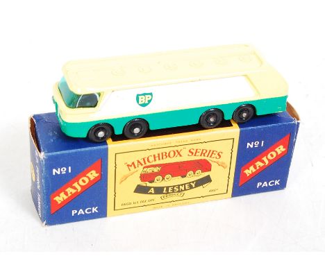 A Matchbox Major pack No. M1 BP petrol tanker comprising green yellow and white body with black plastic wheels, in the origin