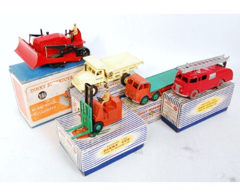 Five various boxed and playworn Dinky Toy diecast to include No. 561 Blaw Knox Bulldozer, No. 902 Foden flat truck, No. 401 F