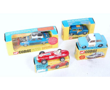 Four various boxed and playworn Corgi toys to include No. 506 police panda Imp, No. 150S Vanwall F1 Grand Prix car, No. 302 H