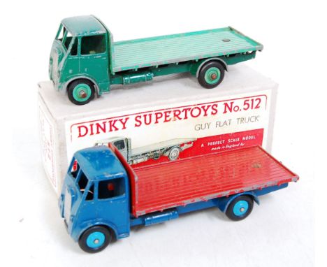 A Dinky Toys Guy flat truck loose and reproduction boxed diecast group, both examples No. 512, one finished in blue &amp; red