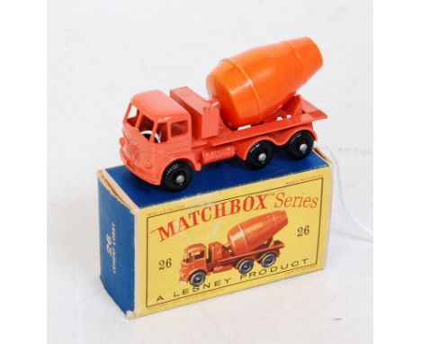 A Matchbox 1-75 series No.26 Foden cement lorry, comprising light orange body with plastic orange barrel and black plastic wh