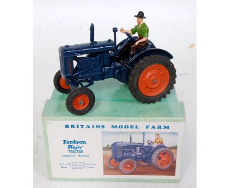 Britains, 128F, Fordson Major tractor with driver, dark blue body, orange wheels and black rubber tyres, with driver, in orig