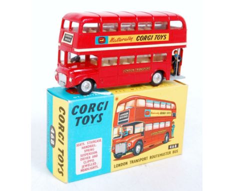 A Corgi Toys No. 468 London Transport Routemaster bus comprising red body with cream interior and silver spun hubs, in the or