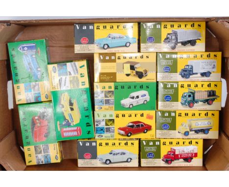 13 various boxed Vanguards 1/43 scale saloon and commercial vehicles to include a Johns Smiths flat bed delivery truck, a For