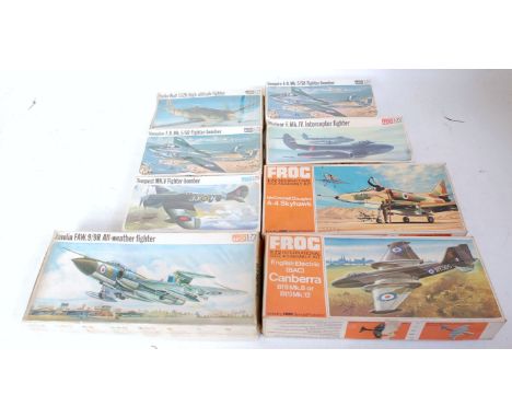 Eight various boxed Frog 1/72 scale plastic aircraft kits, examples to include a Vampire FB Mk5/50, a Tempest MkV, a Fokker W