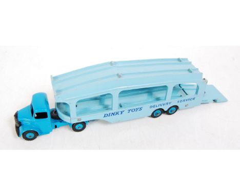 A Dinky Toys No. 982 Pullmore Car Transporter comprising of dark blue cab and chassis with light blue back and dark blue hubs