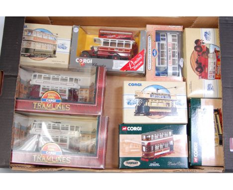 Ten various boxed Corgi modern release public transport bus and tram related diecasts to include a Blackpool double decker tr