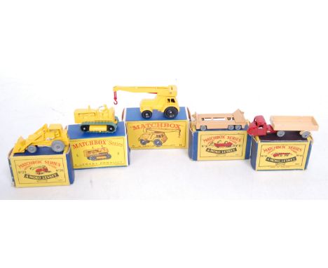 Five various boxed Matchbox 1/75 series diecast to include No. 8 Caterpillar tractor, No. 11 jumbo crane, No. 10 Scammell Sca