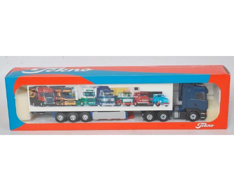 A Tekno 1.50 scale model of a Scania R580 tractor unit with a Tekno branded box trailer detailing seven various Tekno release