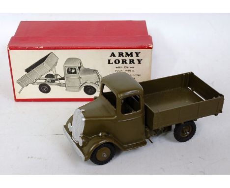 A Britains No. 1334 military army lorry comprising military green body with tipper action and military green hubs with driver