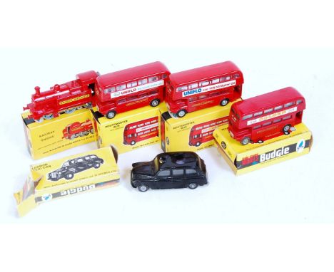 Five various boxed Budgie Models diecasts to include 3x No. 236 Routemaster bus, No. 224 Railway engine, and No. 101 London T