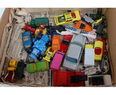 Two trays containing a quantity of playworn loose diecast to include Corgi Toys, Dinky, Matchbox, and various others, example