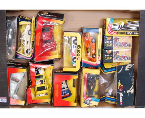 A tray containing a quantity of boxed vintage Corgi Toy diecasts to include No. 649 Space Shuttle, No. 155 UOP Shadow F1 car,