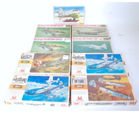 Nine various boxed Hasegawa and Hales 1/72 scale plastic aircraft kits to include a Mustang P51d, Thunderbolt Razorback Repub