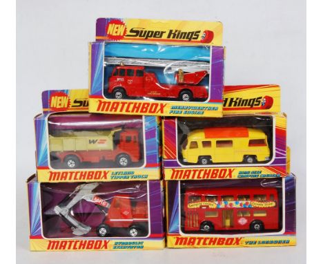 Five various window boxed Matchbox Superking diecasts to include a K1 Hydraulic Excavator, No. K27 Kingsize Camping Cruiser, 