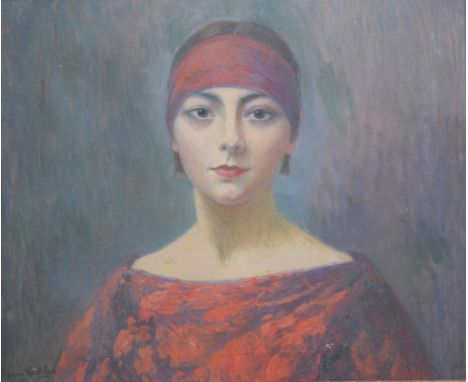 Sonia Routchine - Vitry (Ukranian 1878 - 1931) 'Portrait a young lady' 
Painted in typical 1920s attire, wearing a red headba