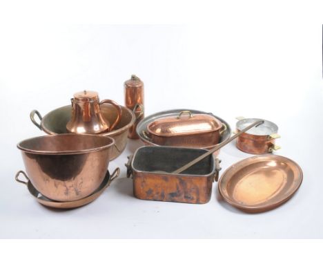 A collection of French copper kitchenalia
To include, two large pans, an oval tray, hot water flask, mixing bowl stamped J.M.