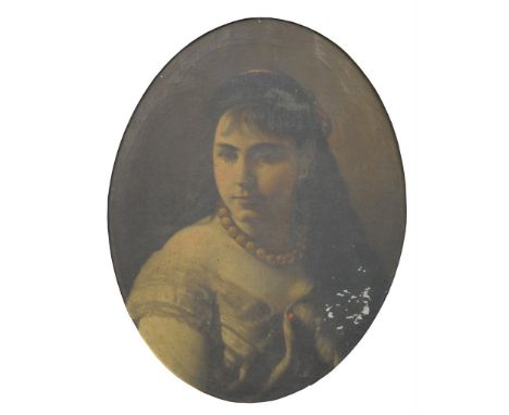 A 19th Century French School oval portrait of a lady 
The young girl, dressed in off the shoulder dress and red beaded neckla